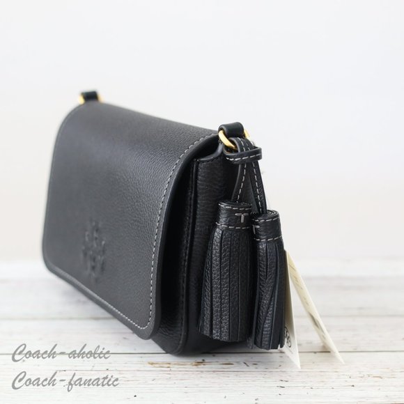 NWT Tory Burch Thea Web Flap Pebbled Leather Crossbody in Black - Picture 8 of 16